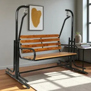 “Wooden indoor swing with brass chain for living room seating”